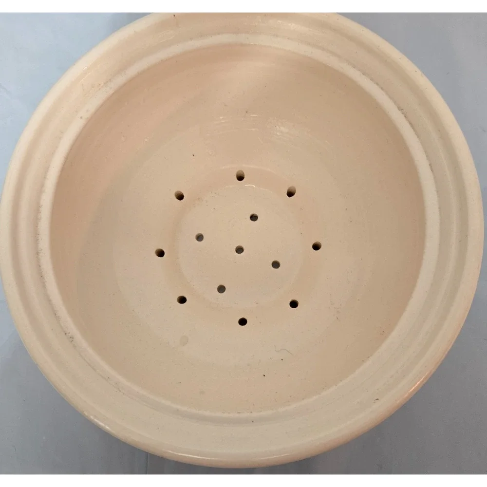 Ceramic Berry Colander Fruit Strainer Folk Art Design Whimsical Stoneware Shabby